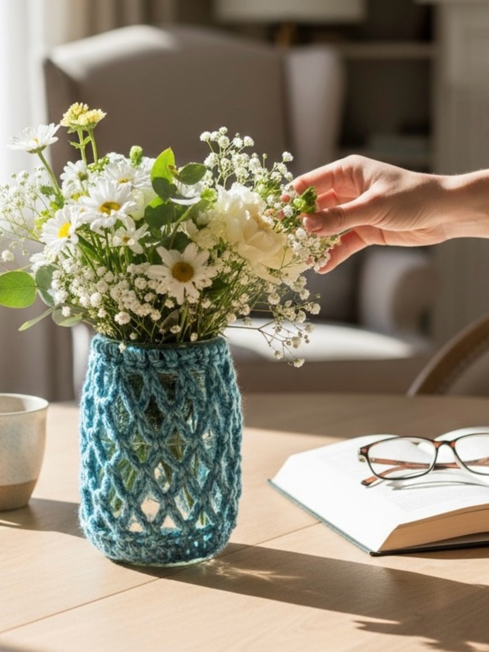 Vase Cover Hand Crafted Crochet Teal Blue Mohair Silk